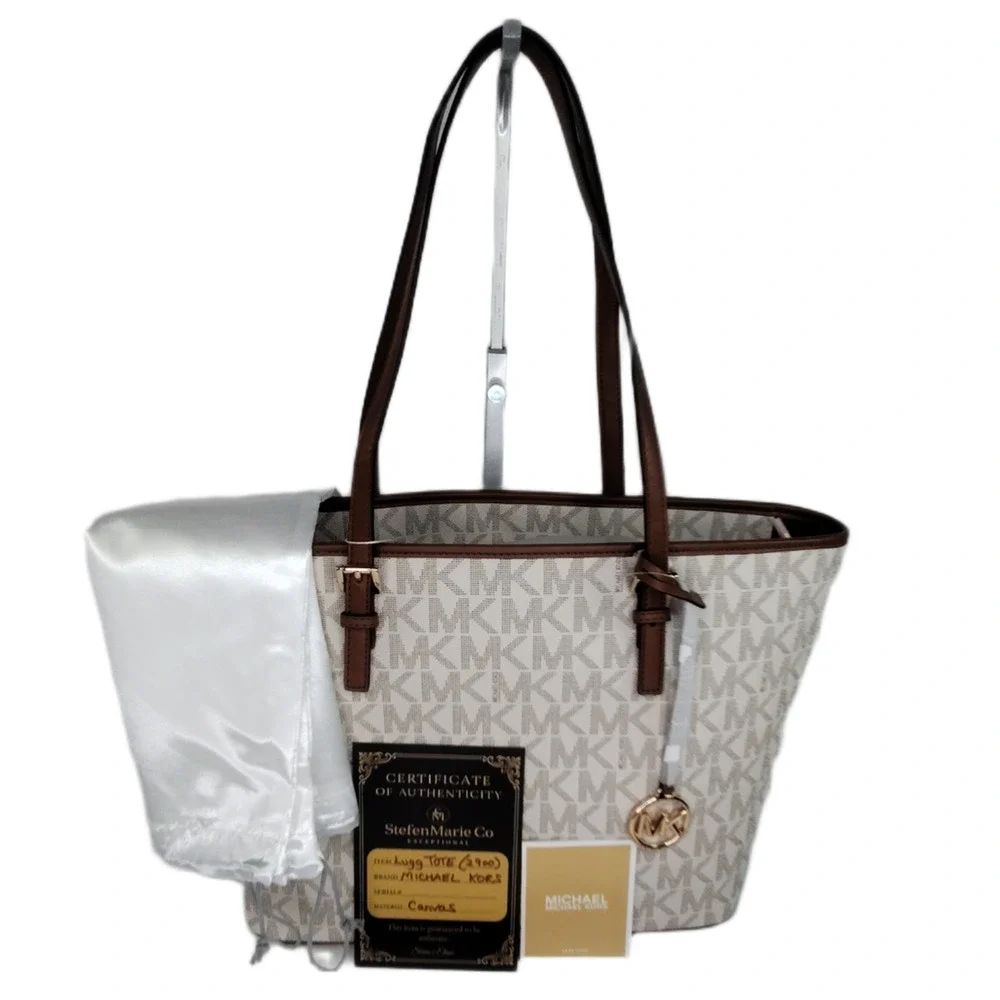Michael Kors Quinn Large Signature Logo and Leather Tote - Vanilla/Acorn - NWOT